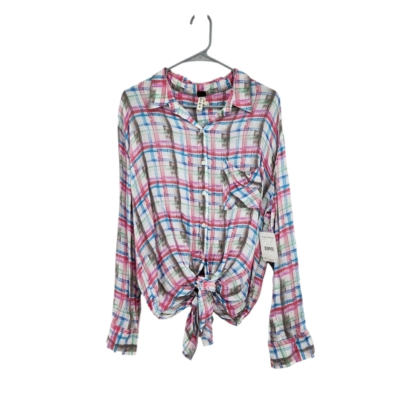 Free People Women's Plaid Button Up Tie Front Shirt - M - Picture 1 of 8